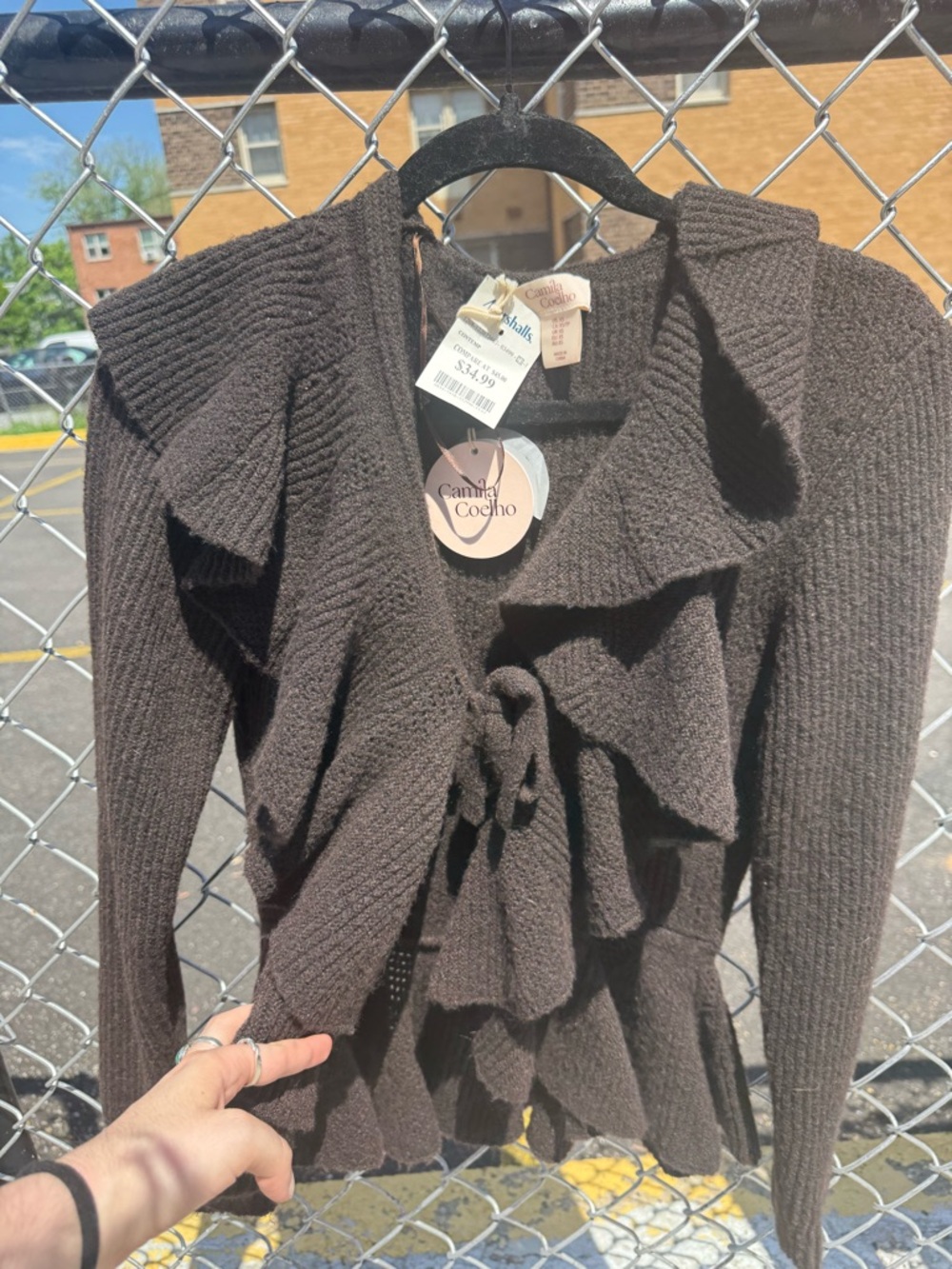 Camila Coelho Dark Brown Ruffle-Tie Knit Cardigan